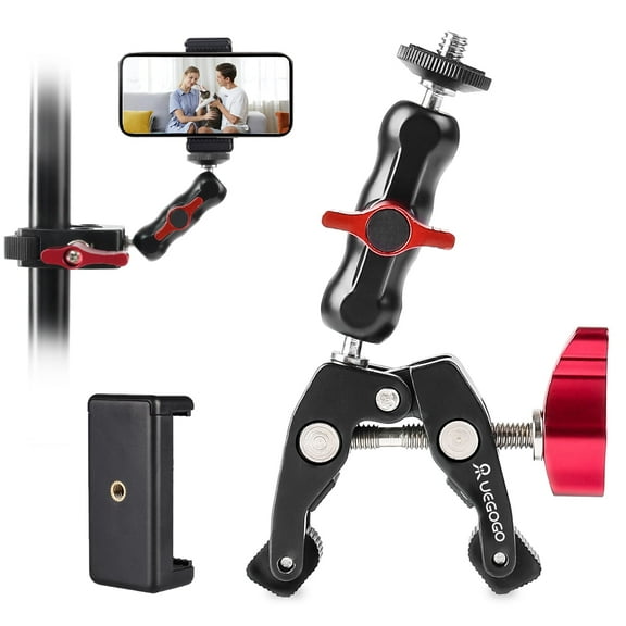 UEGOGO Concept MS13 Magic Arm with Super Clamp, Super Clamp with Two 360° Ball Heads, 1/4" Thread and 1/4" Screw Compatible with Camera, Phone, GoPro, Tripod