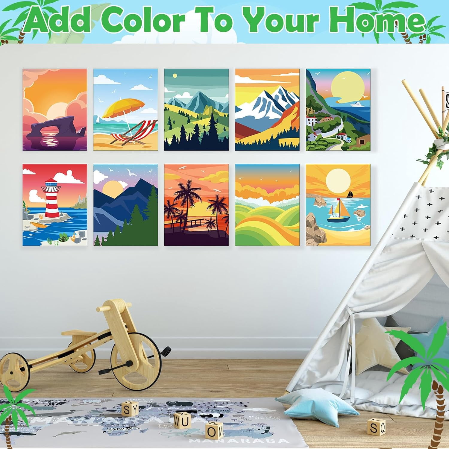 10 Set Pre Printed Canvas Pre Drawn Canvas Painting with Easel Kits 5" x 7" Outline Painting Panels for Beginners, DIY Craft Project, Home Decors(Summer)