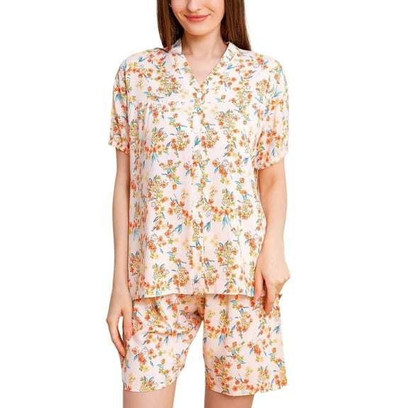 YABCSAZ Oversize Pajama Sets for Women Long Sleeve V Neck Button Tops and Wide Leg Bermuda Shorts Casual Loose Printed 2 Piece Outfits