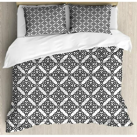 Celtic Queen Size Duvet Cover Set, Intricate Celtic Style Pattern as Braided Grid Latticework on White Background, Decorative 3 Piece Bedding Set with 2 Pillow Shams, Black and White, by