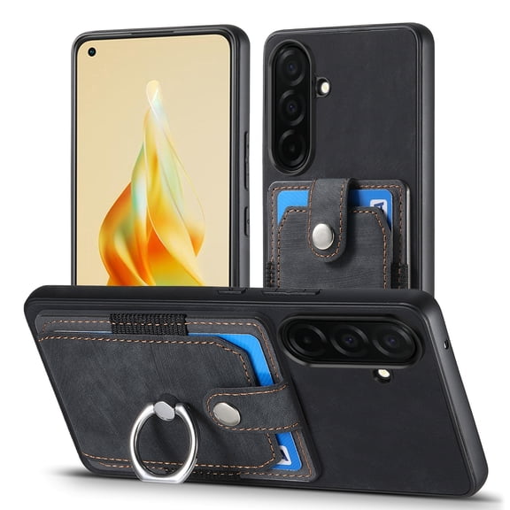 Compatible with Samsung Galaxy A07 Case Wallet with Card Holder, 360°Rotation Finger Ring Holder Kickstand Protective Premium PU Leather Back Flip Magnetic Clasp Shockproof Cover,Black