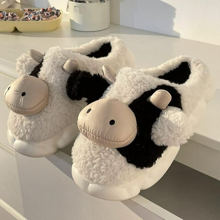 

CoCopeanut New Cartoon Cute Cow Slippers Female Shoes Home Indoor Winter Warm Cotton Men Shoes Plush Fur Slippers for Couple Leisure Shoes