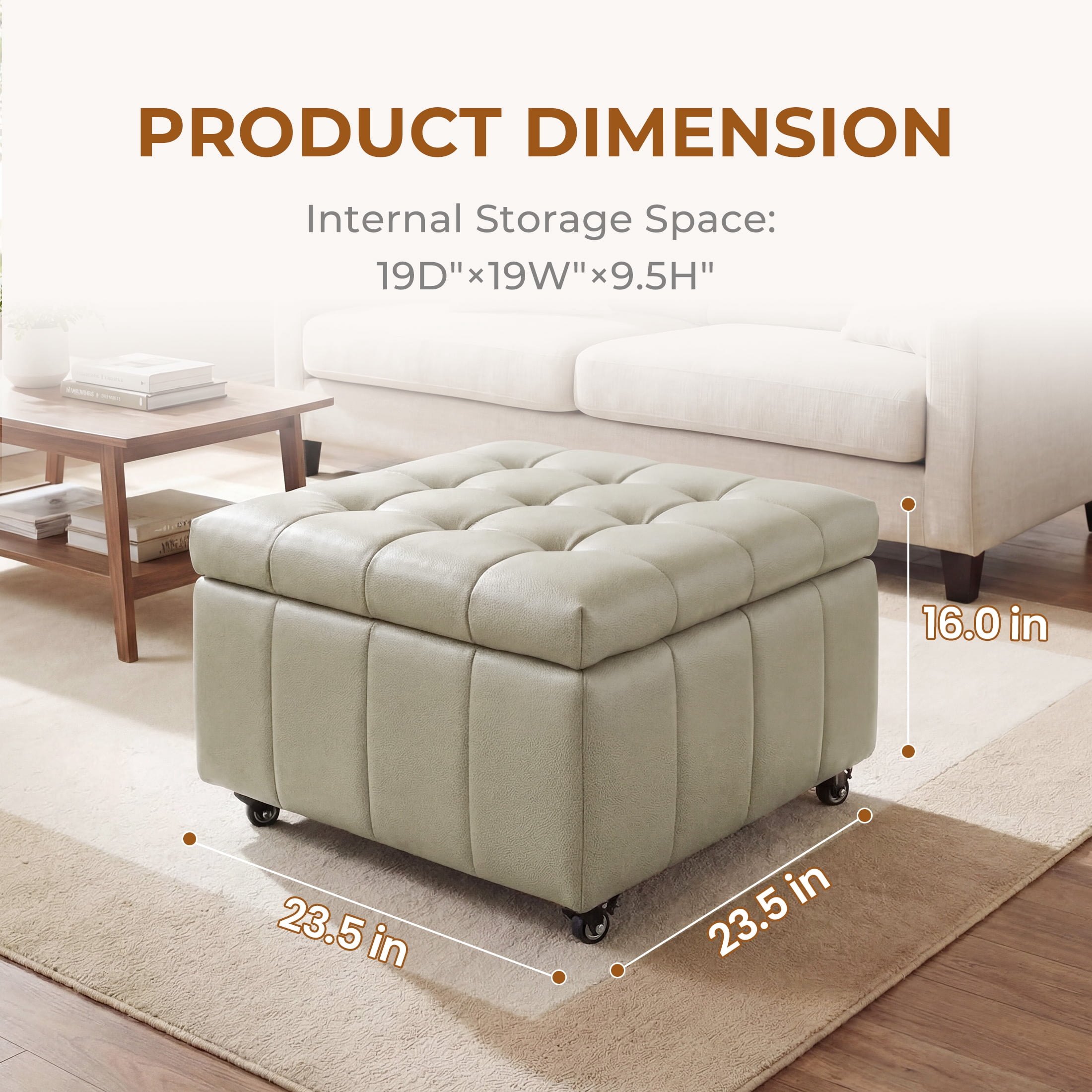 Poshby Square Faux Leather Storage Ottoman, Coffee Table Footrest Stool with Pulley Legs for Living Room or Bedroom, Grey