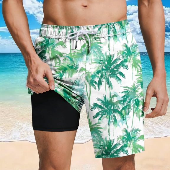 Xdegoge Swim Trunks for Men with Compression Liner Quick Dry Board Shorts Elastic Waist Drawstring Bathing Suits with Pockets Waterproof for Beach Surfing Vacation Summer