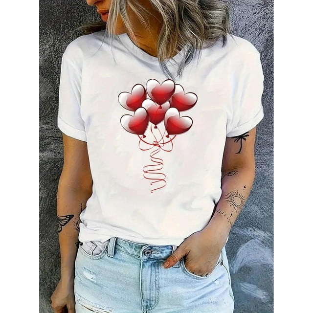 Camiseta básica para mujer veranoWomen's Casual Crew Neck T-Shirt with Creative Heart Balloon Print, Fashionable Short Sleeve Top, Polyester 95% Spandex 5%, Medium Stretch Knit Fabric, All-Season Co