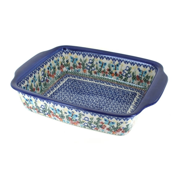 Blue Rose Polish Pottery Garden of Eden Medium Rectangular Baker with Handles