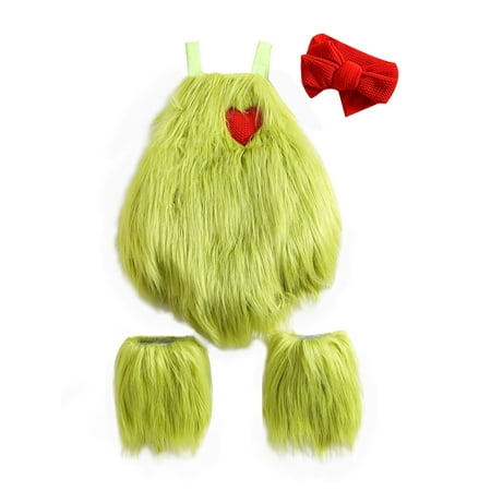 

Musuos Baby Girl Christmas Suit Green Monster Faux Fur Romper Leg Warmer Headband