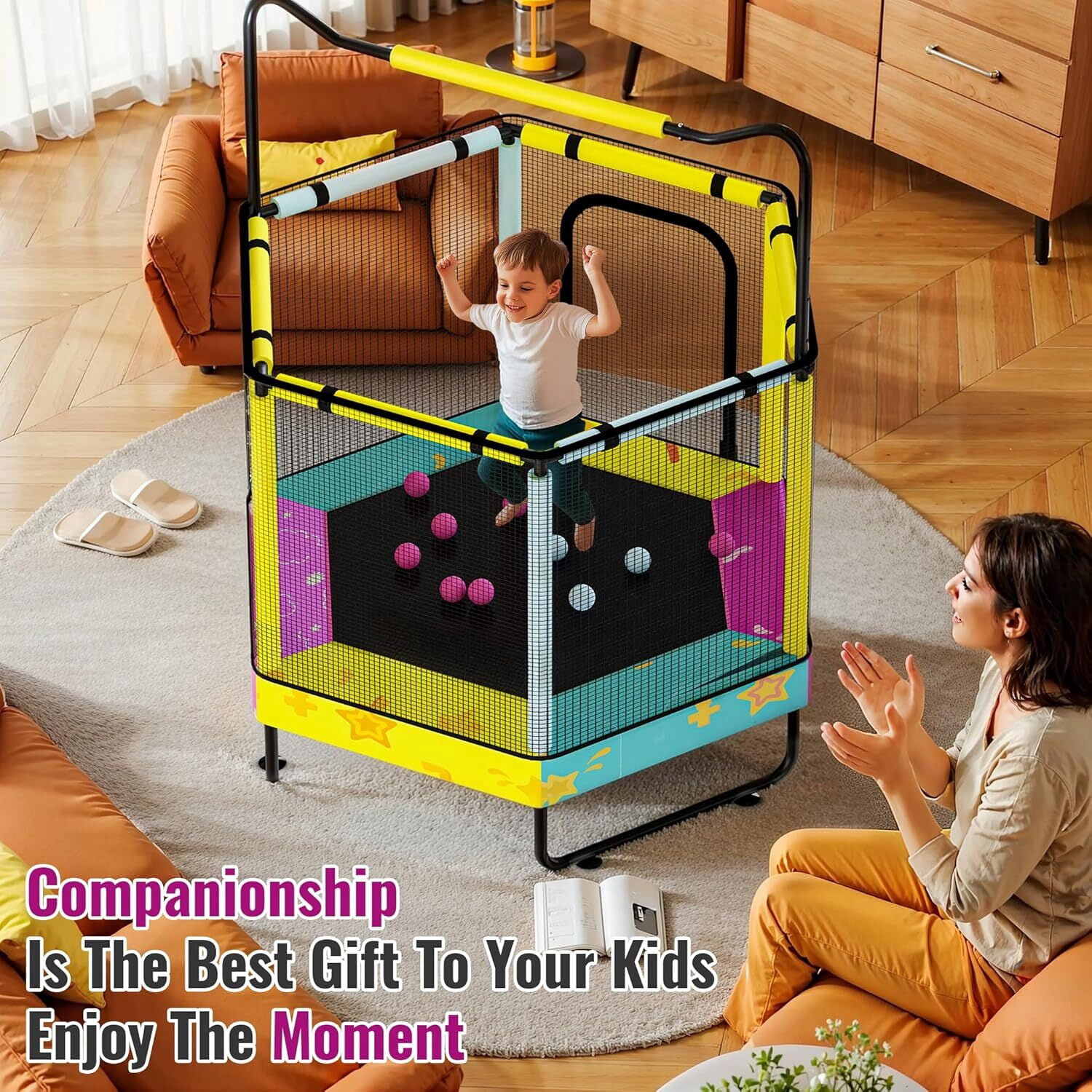 MOOSENG 7-in-1 Kids Trampoline with Safety Enclosure Net, 60" Hexagonal Toddler Trampoline with 500lbs Capacity, Indoor Outdoor Fun for Ages 1-8, Adjustable Handrail