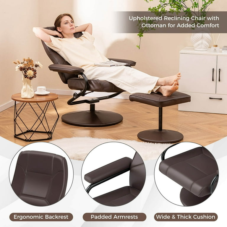Costway Brown PU Leather Swivel Recliner Chair with Ottoman