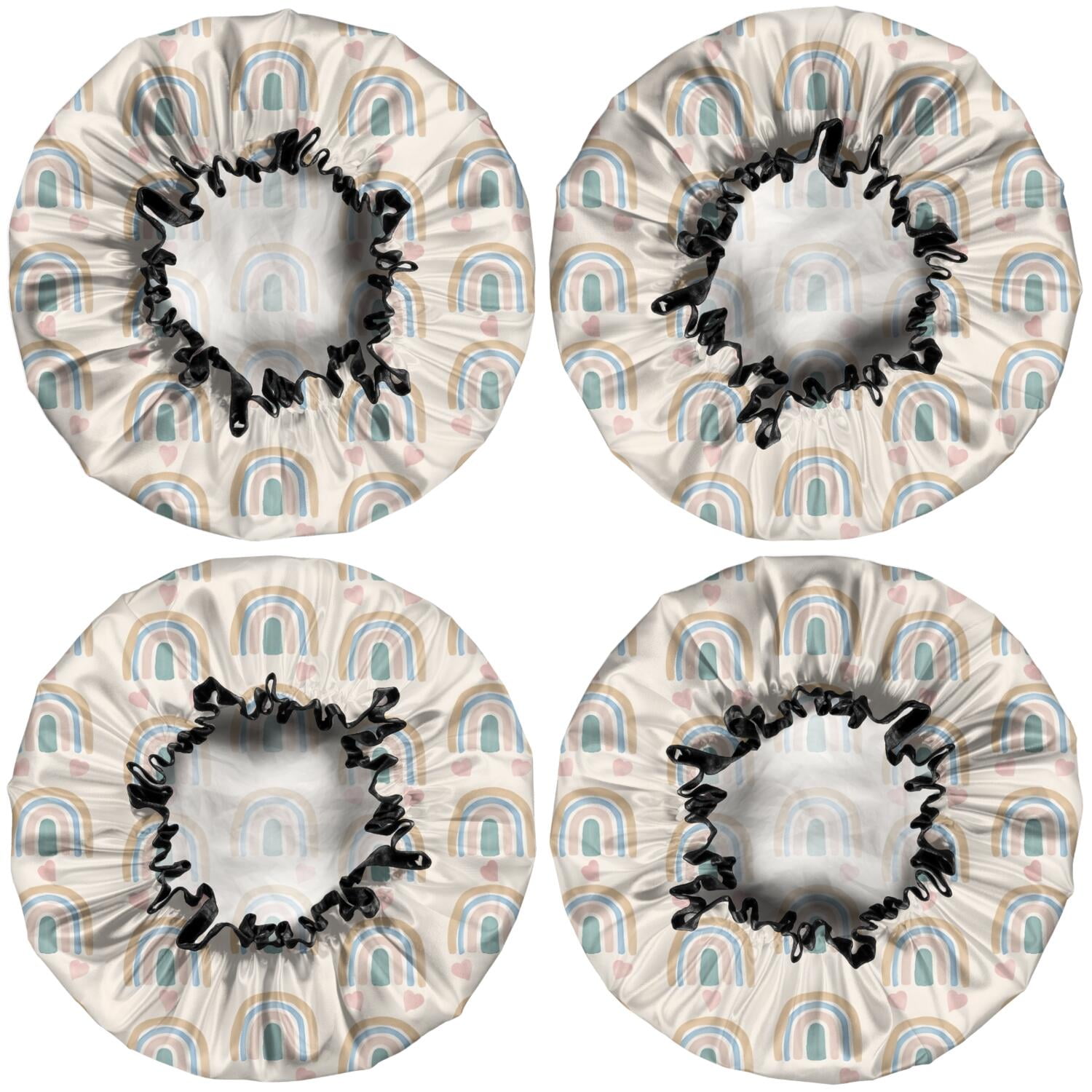 Shower Caps,Beige Boho Bohemia Rainbows Hearts Pattern Waterproof Shower Cap for Women 4 Pieces,Double Reusable Hair Cover for Shower PEVA Elastic Stretch Hem