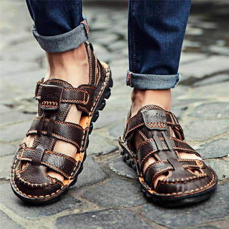 

VKEKIEO Toe Ring Casual Shoes For Men Flat Heel Platform Brown
