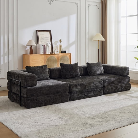 Compression Sofa,Convertible Floor Sofa Bed with Fixed-Shape Frame, Boneless Modular Sectional Sofa,No Assembly Required,Chenille fabric,for Living Room Bedroom,Black