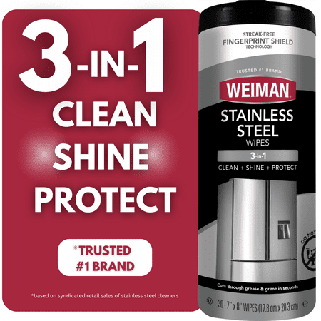 Weiman Stainless Steel Appliance Cleaning Wipes, Streak-Free Shine, 30 Count