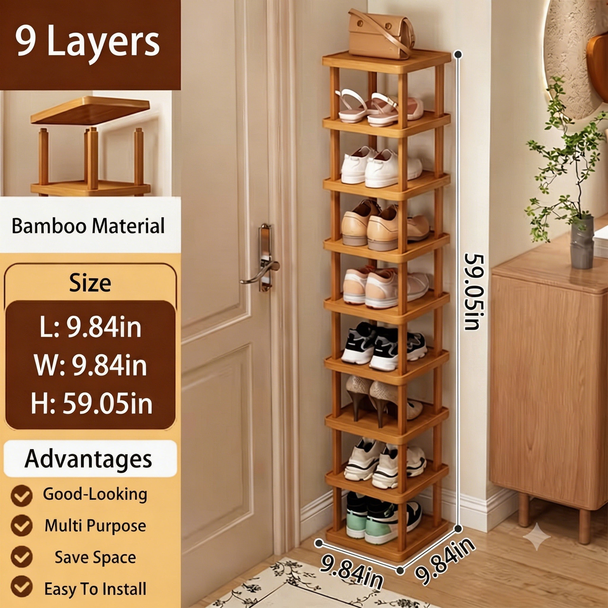 9 Tier Bamboo Shoe Rack, Tall Vertical Shoe Storage Organizer for Entryway, Closet and Apartment, Holds Up to 9 Pairs