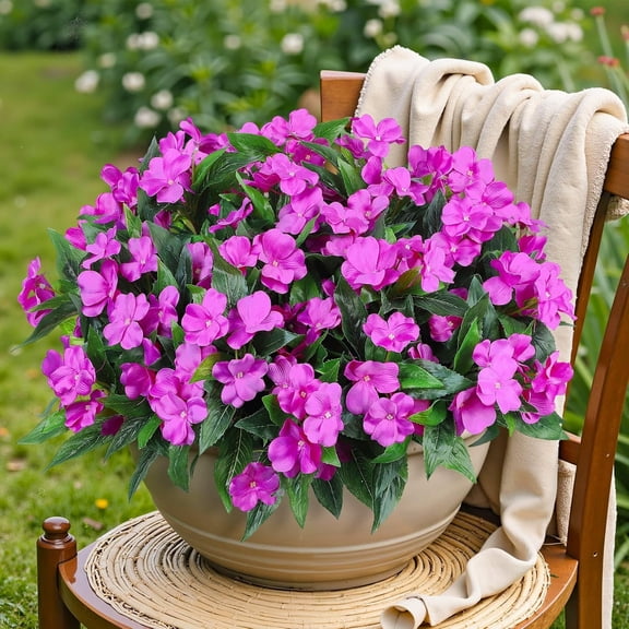 Decor 6 Bundles Artificial Impatiens Flowers for Outdoors Decoration, Silk Flowers Bouquet Fake