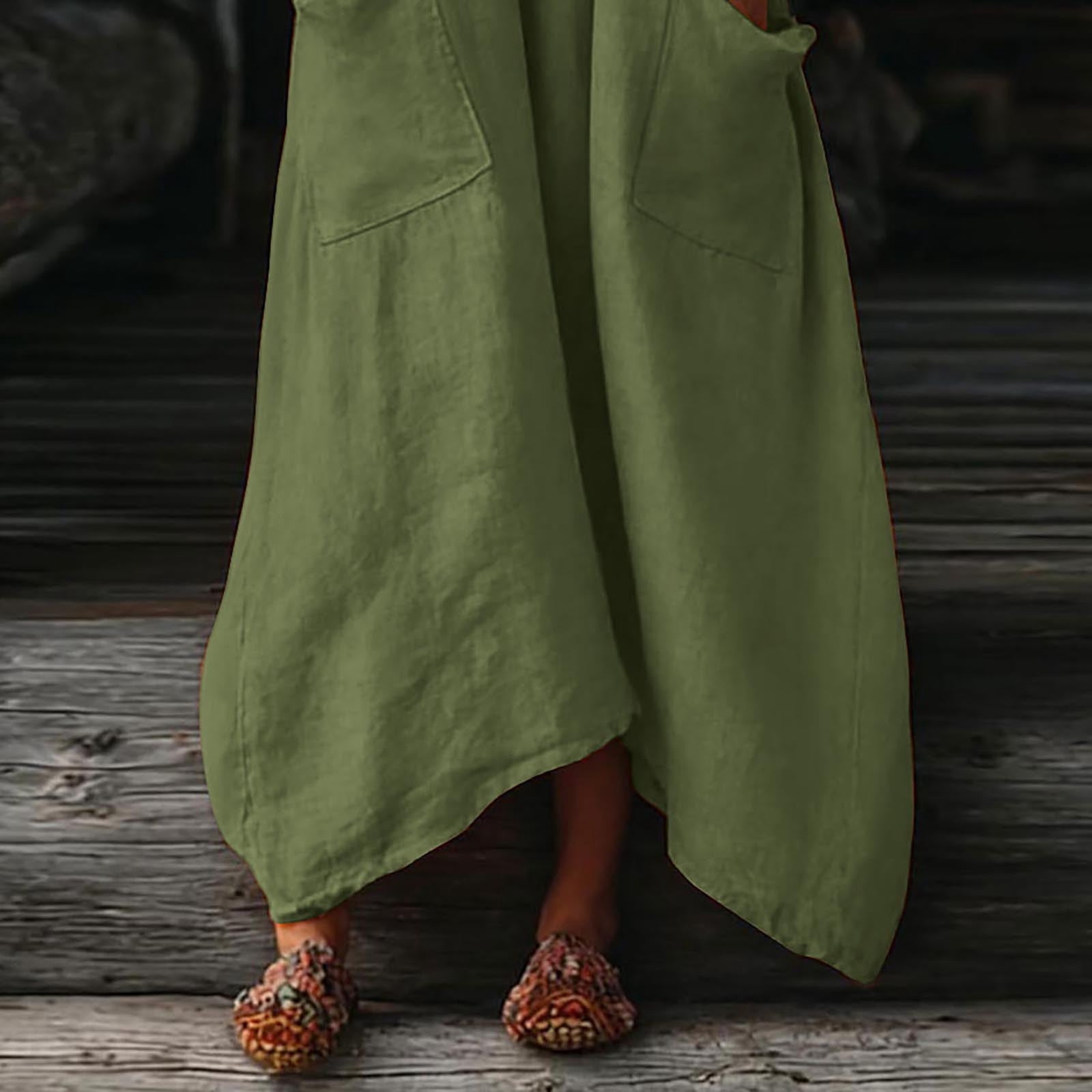 Dresses for Women, Womens Casual Loose Cotton Linen Long Shirt Dress, V-Neck Cuffed Sleeve Side Split Dresses with Pockets