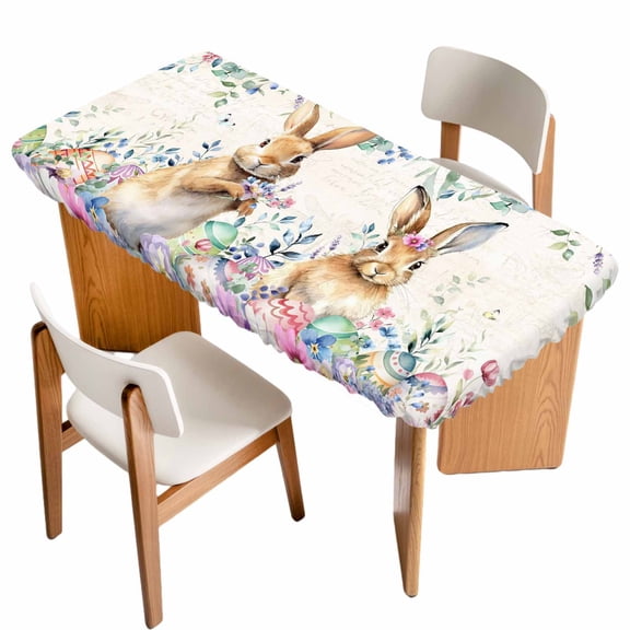 Bunny Easter Table Cloths for 5 Foot Rectangle Tables, Spring Floral Eucalyptus Leaves Eggs Weeping Patio Waterproof Elastic Fitted Tablecloths, Washable Rectangular Table Cover for Camping