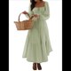 thumbnail image 1 of Vestido Bohemio Informal para Mujer, Estilo Resort, con Escote en U, Mangas Abullonadas y Corte A Verde M, 1 of 9