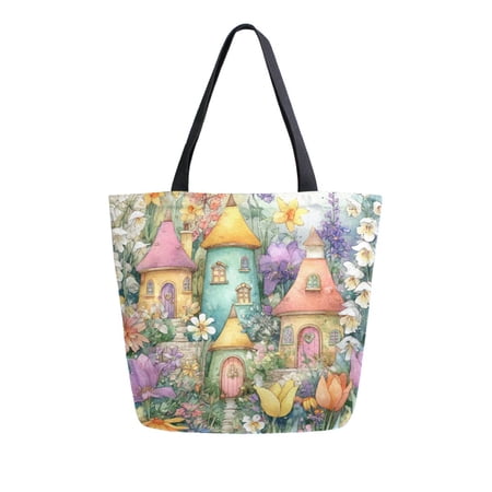 Large Opening Canvas Tote Bag Thickened Durable Shopping Bag Casual Commuter Handbag Lightweight Reusable Daily Bag Sweet Flower Fairy Cottage
