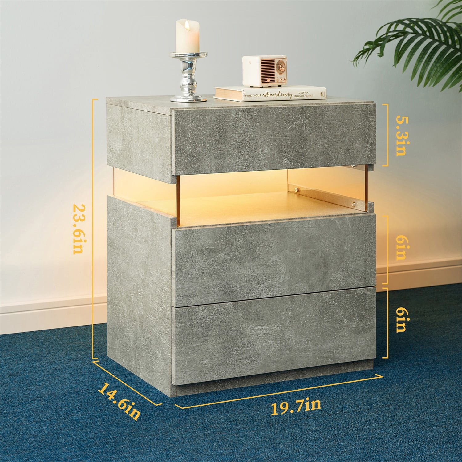 Hommoo 3 Drawer Dresser LED Nightstands, End Table Bedside Tables for Bedroom, Living Room, Gray