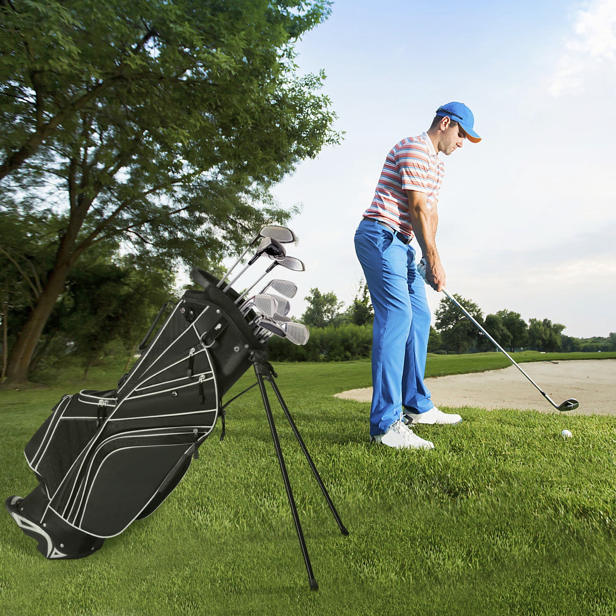 Gymax Golf Carry Bag Golf Stand Bag 6 Way Divider w/ Straps & 7 Storage Pockets Black