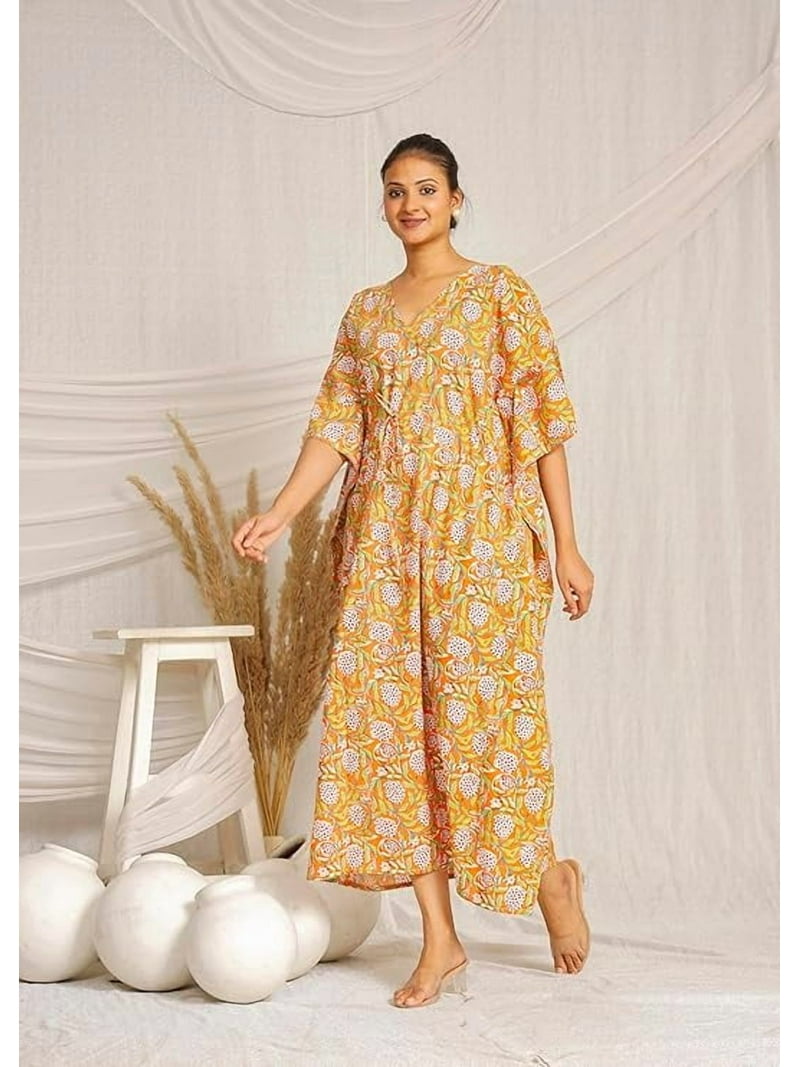 100% Cotton Kaftan, Long Flowing Dress, Ideal for Beach, Lounge, Sleepwear  Coverup for Vacation or Home Long V-Neck Maxi Dress, Boho Style Kaftan Beige  - Walmart.com
