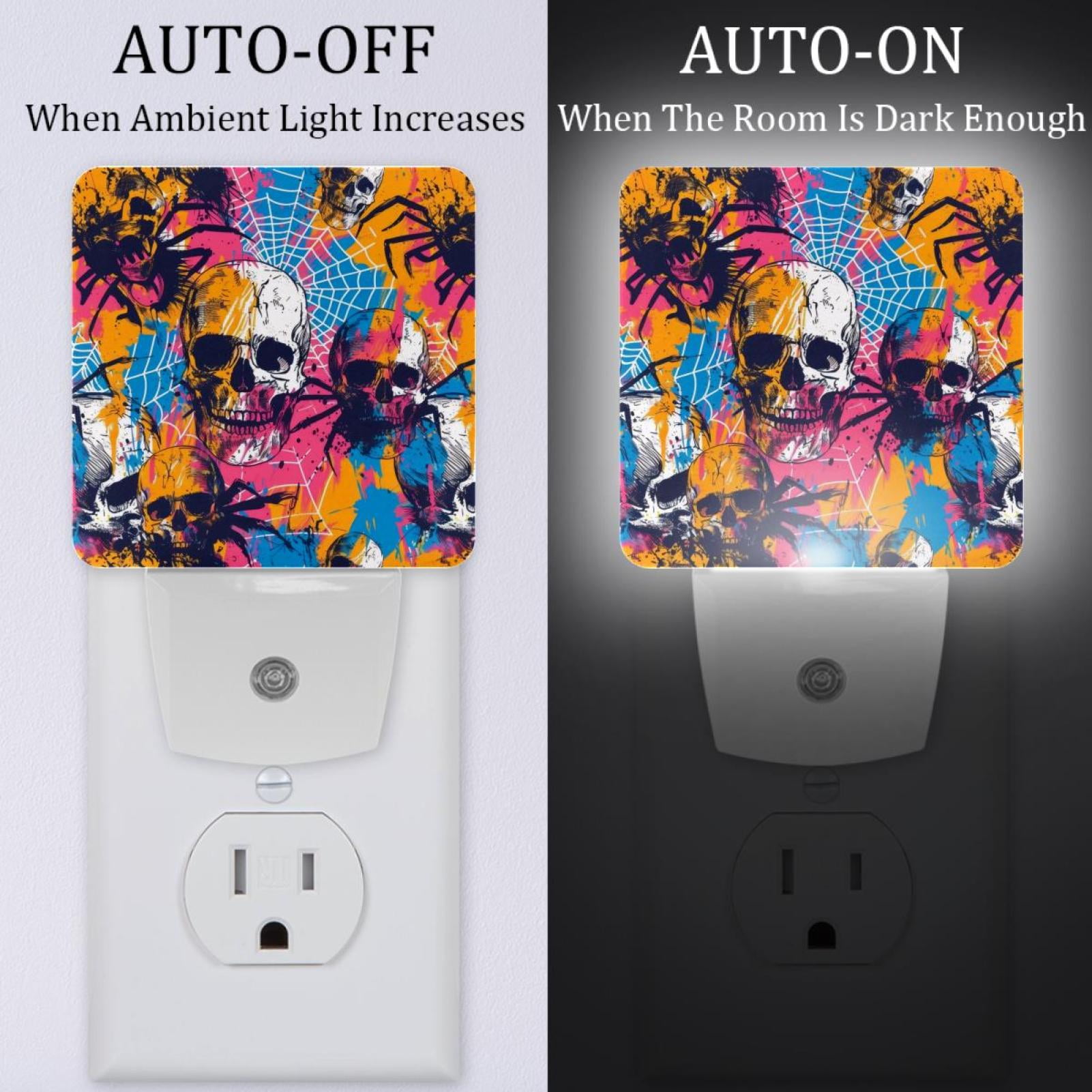 PhooArto Skulls Spider Spiderweb Pattern Plug in LED Night Light Auto Sensor Dusk to Dawn Decorative Night for Bedroom, Bathroom, Kitchen, Hallway, Stairs, Baby's Room, Energy Saving