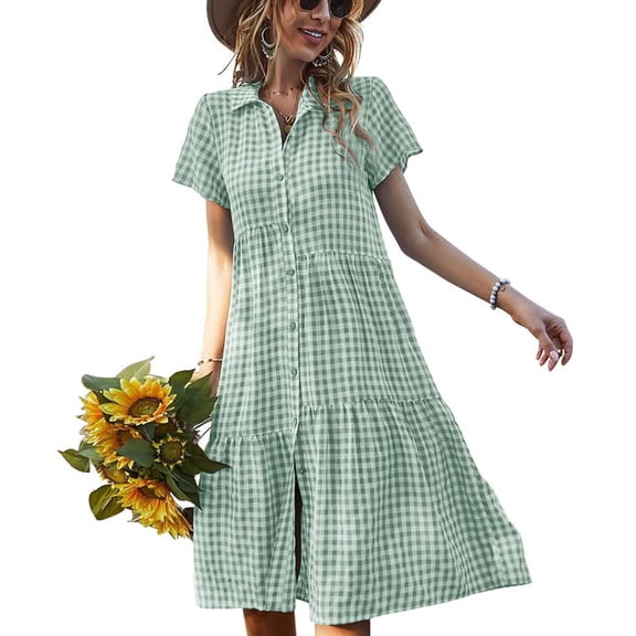 chouyatou Women's Summer Flutter Sleeve Midi Long Gingham Dress Plaid Button Down Shirt Dress