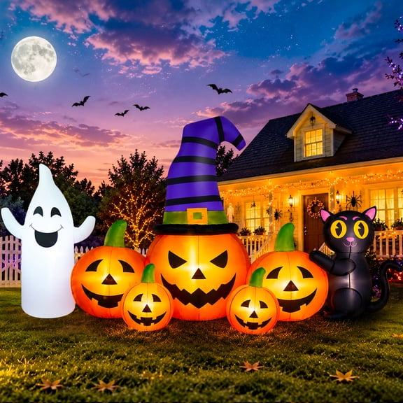 Yexmas 8FT Long Halloween Inflatable Pumpkin with Ghost and Black Cat,Outdoor Halloween Decoration with LED Lights for Yard Lawn Garden Porch Party Decor