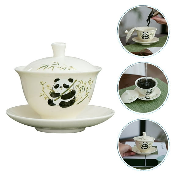 FRCOLOR Panda Teacup Set with Lid Ceramic Tea Cup Saucer Chinese Style Kawaii Mug for Home Multi 1 Set