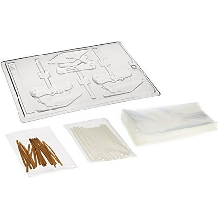 Cybrtrayd 45StK25G-M069 Cap and Diploma Lolly Chocolate Candy Mold with Lollipop Supply Kit, 25 Lollipop Sticks, 25 Cello Bags and 25 Gold Metallic Twist Ties
