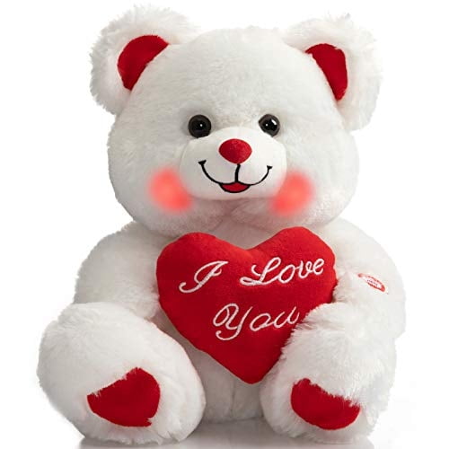 Oso de peluche HollyHome I Love You con luz LED de 33 cm, color blanco