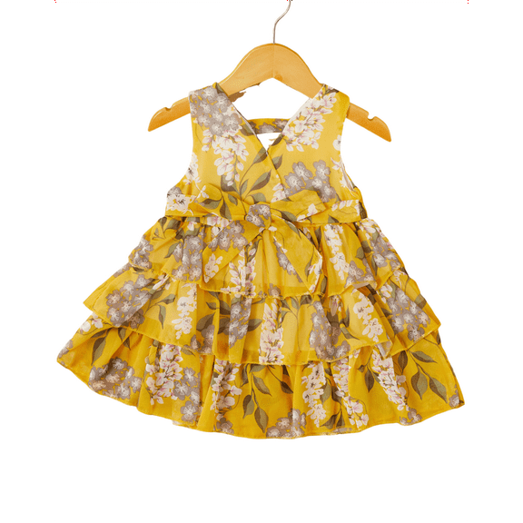 PatPat Girls Summer Dress Toddler Girl Floral Dresses Chiffon Layered Princess Sundress, Yellow,3 Years