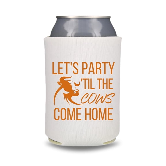 Fall Wedding Can Coolers, Let's Party 'Til The Cows Come Home, Wedding Party Gift and Souvenir, Couple Beer Hugger (White)