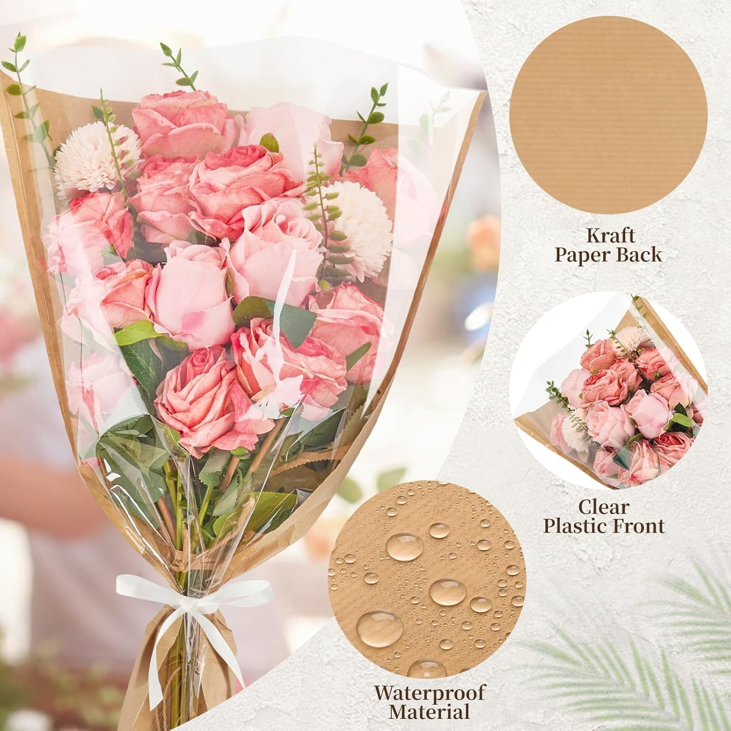 ANHXN Flower Bags for Bouquets, Flower Wrapping Paper Kraft Floral Wrap Sleeves with Ribbons for Mother's Day Florist Supplies Wedding