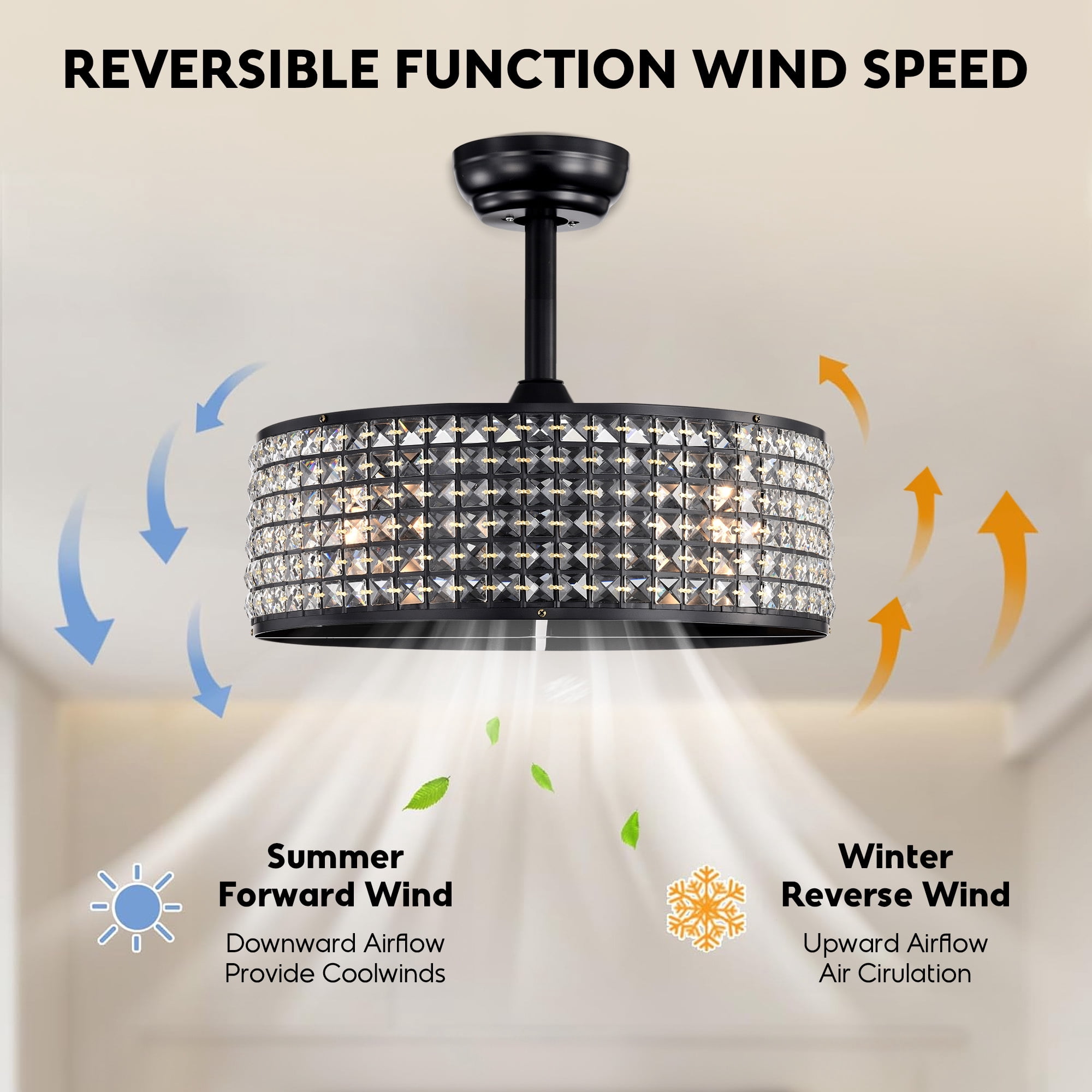 Aukfa Ceiling Fan with Light and Remote, 20" Low Profile Ceiling Fan for Living Room,Bedroom,Crystal