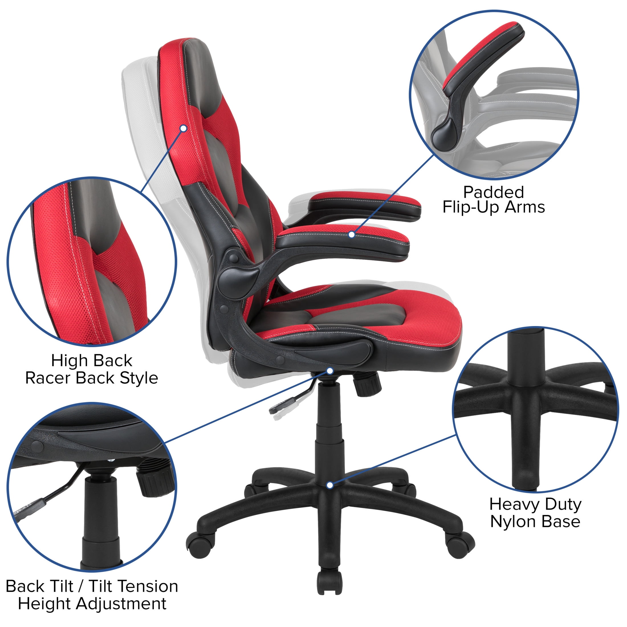 Emma + Oliver Gaming Racing PC Chair with Flip-up Arms, Red/Black LeatherSoft