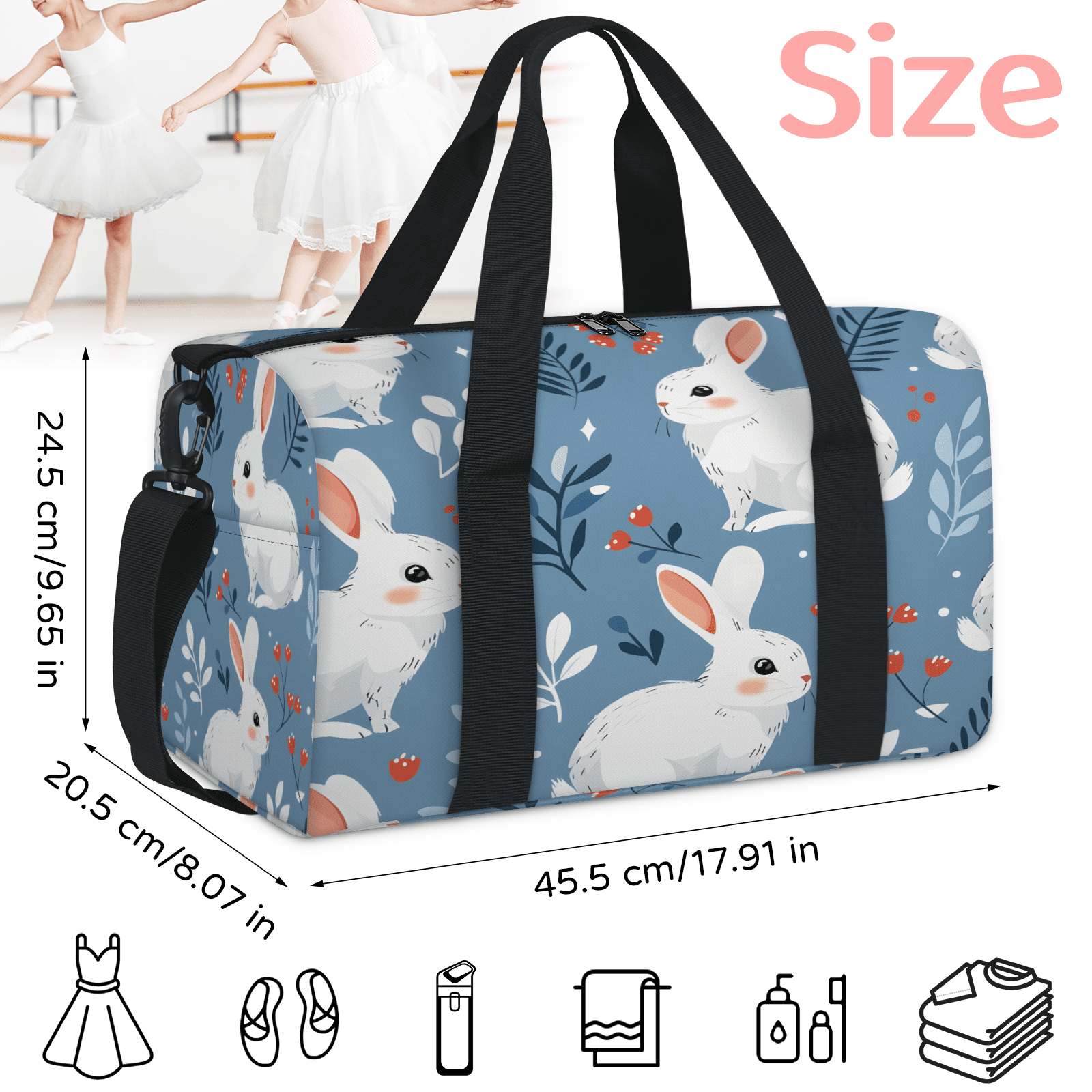 Herdesigns Cute Bunny Travel Duffle Bag Sports Yoga Weekender Overnight Carry on Workout Bags Lightweight Waterproof Gym Tote Bag for Women Rabbit