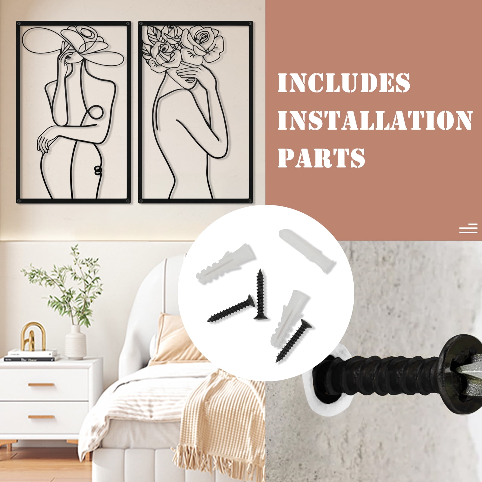 Wall Art Decor for Room Decor, 4 Piece Abstract Metal Wall Art, Female Black Wall Decor, Minimalist Flower Line Wall Hangings for Home Living Room Bedroom Bathroom