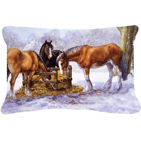 Horses Eating Hay in the Snow Fabric Decorative Pillow