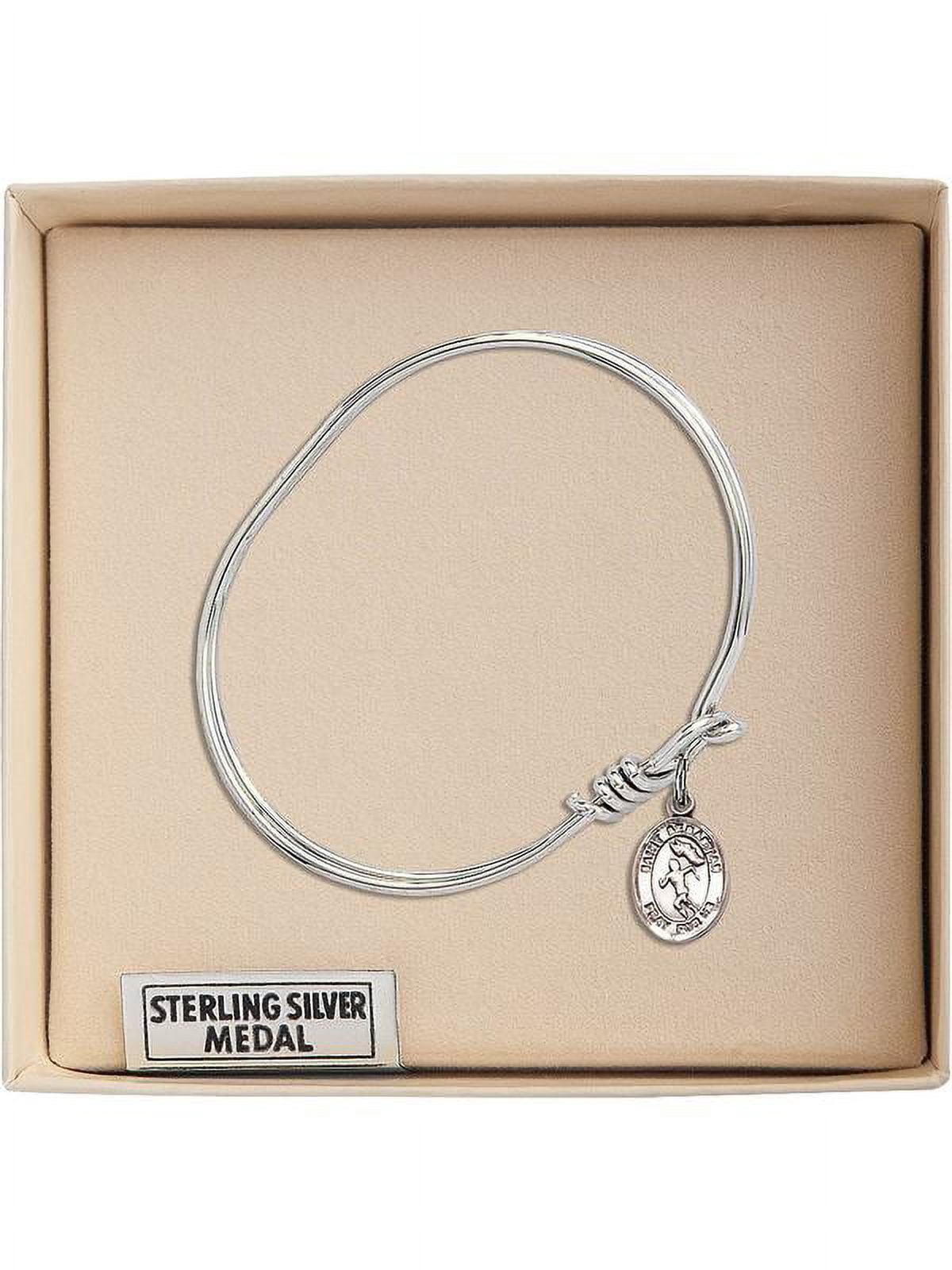 5 3/4 inch Oval Eye Hook Bangle Bracelet w/ St. Sebastian/Track&Field in Sterling Silver