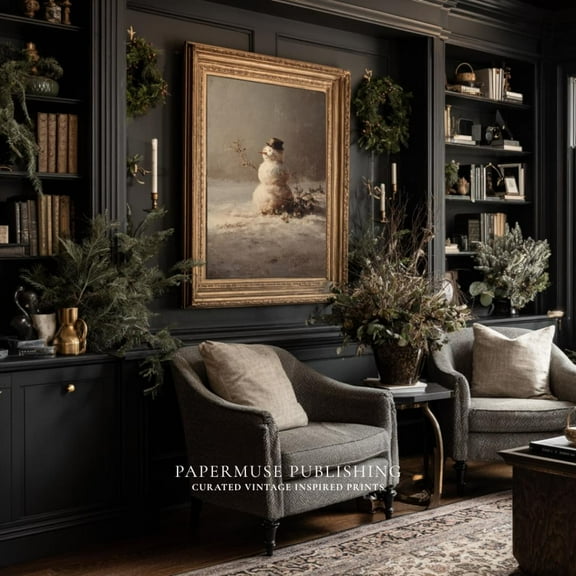 Vintage Snowman Wall Art, Rustic Winter Landscape Painting, Antique Christmas Décor Print, 32x48 UNFRAMED