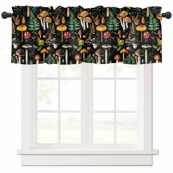 Yellow Mushroom Valances for Windows Farmhouse Kitchen Curtains Valances Rod Pocket Valance Curtains for Kitchen Windows Spring Summer Botanical Vintage Black Window Valances for Bathroom 54"x18"