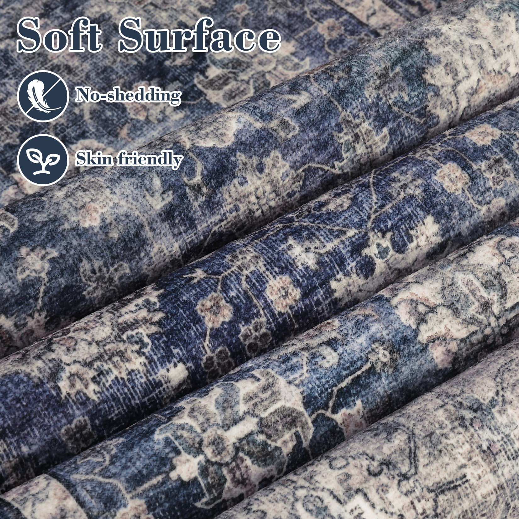 Hasoo Washable Rug 9' x 12' Rugs for Living Room Vintage Floral Farmhouse Indoor Non Slip Large Carpet for Bedroom, Blue