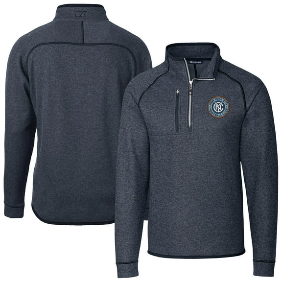 Men's-Cutter & Buck  Heather Navy New York City FC Big & Tall Mainsail Sweater-Knit Half-Zip Pullover Top