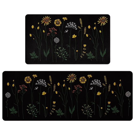 Flower Kitchen Rugs Set of 2, Non Skid Kitchen Mats, Black Waterproof Cushioned Anti Fatigue Kitchen Mat Washable, 17"x47" 17"x29"