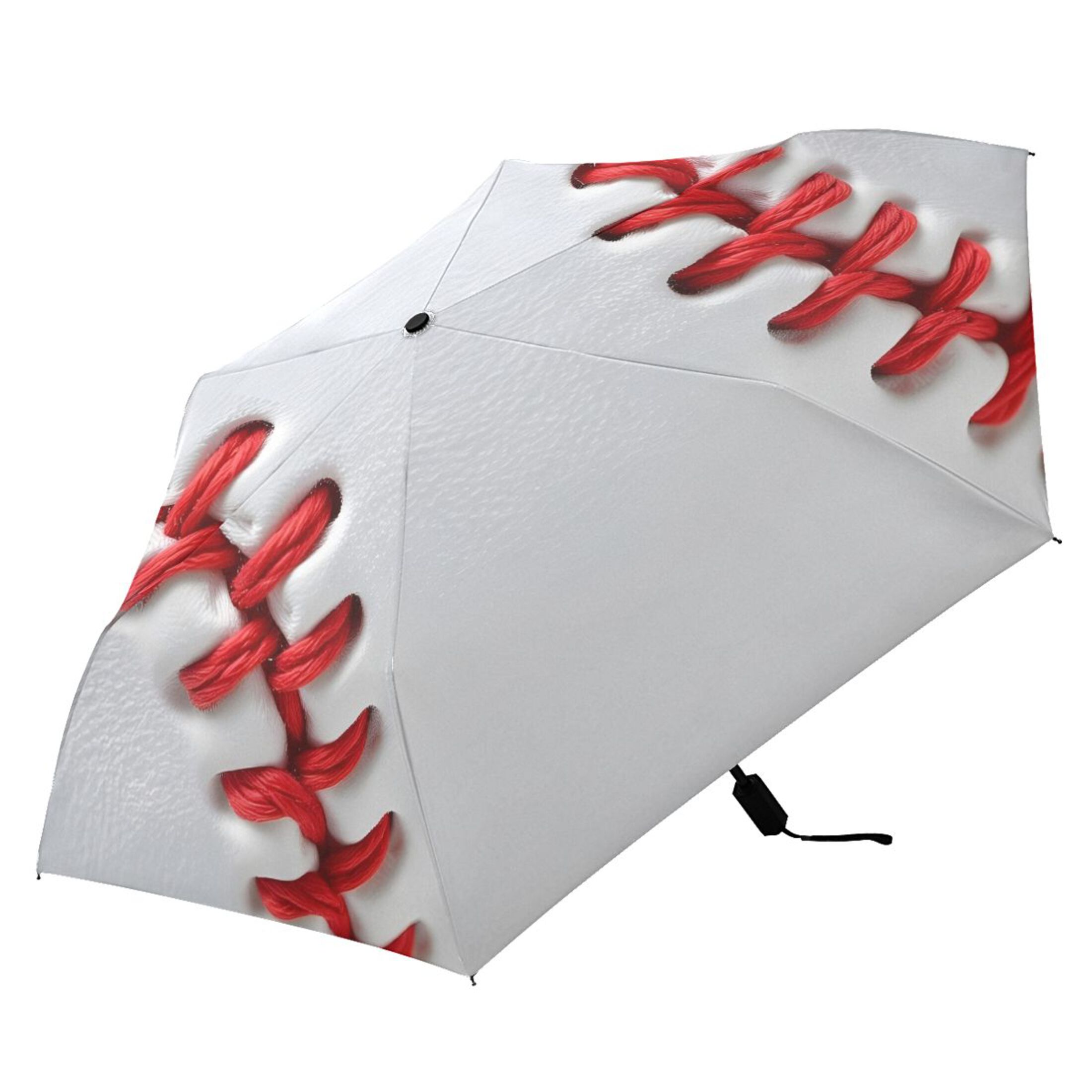 White Baseball Close Up All Weather Umbrella Triple Folding Parasol 6 Ribs UV Protection Portable