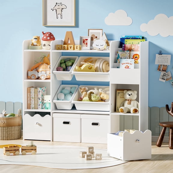 HOMMPA Toy Storage Organizer with Picture Bookshelf, Kids Bookcase with 4 Toy Storage Bins, Toy Organizer with 2 Removable Drawers, 2 Storage Boxes and 3 Cube Storage for Bedroom Playroom, White