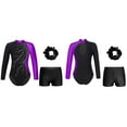 thumbnail image 3 of YiZYiF Kids Girls Gymnastic Dance Outfit Long Sleeve Shiny Rhinestone Leotard with V-front Waistband Shorts Hair Band Purple&Black 10, 3 of 4