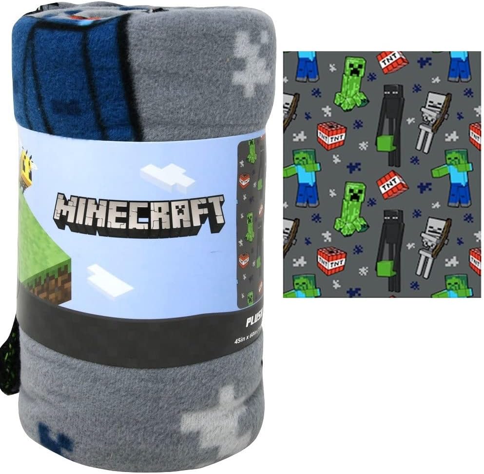 Minecraft Fleece Throw Blanket for Kids, Soft Gray Minecraft Plush